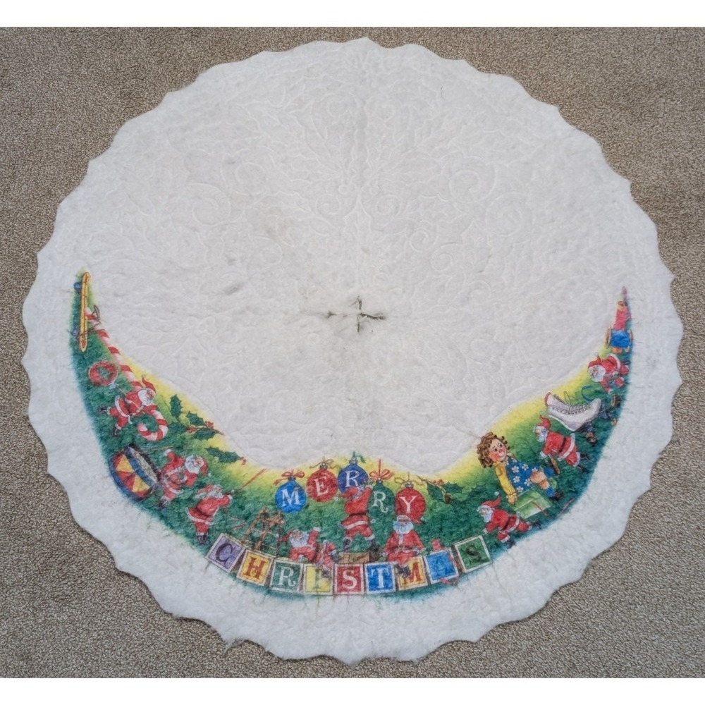 Vintage Christmas Tree Skirt Felt Santa Claus Toy Factory Elves Dolls White 35"